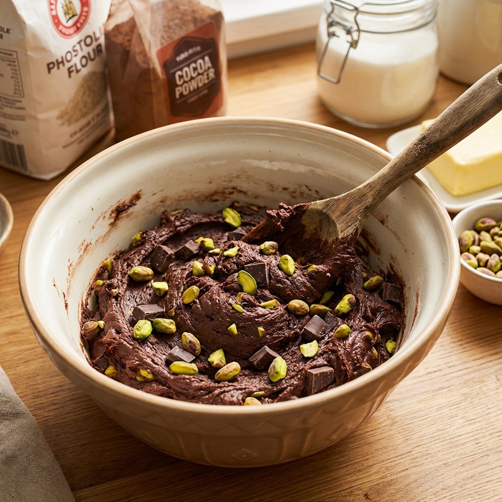 Mixing chocolate pistachio cookie dough