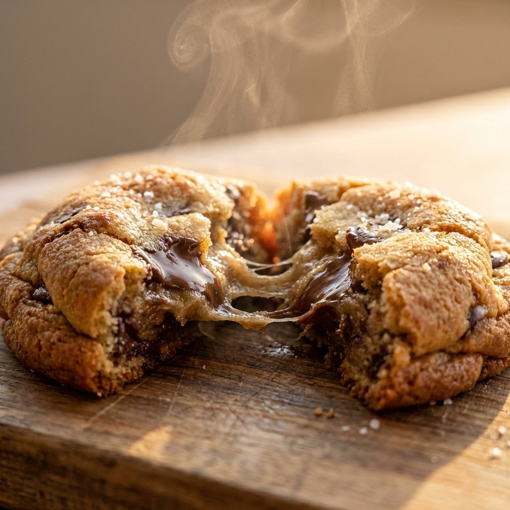 Perfect Crumbl cookie broken in half showing gooey center