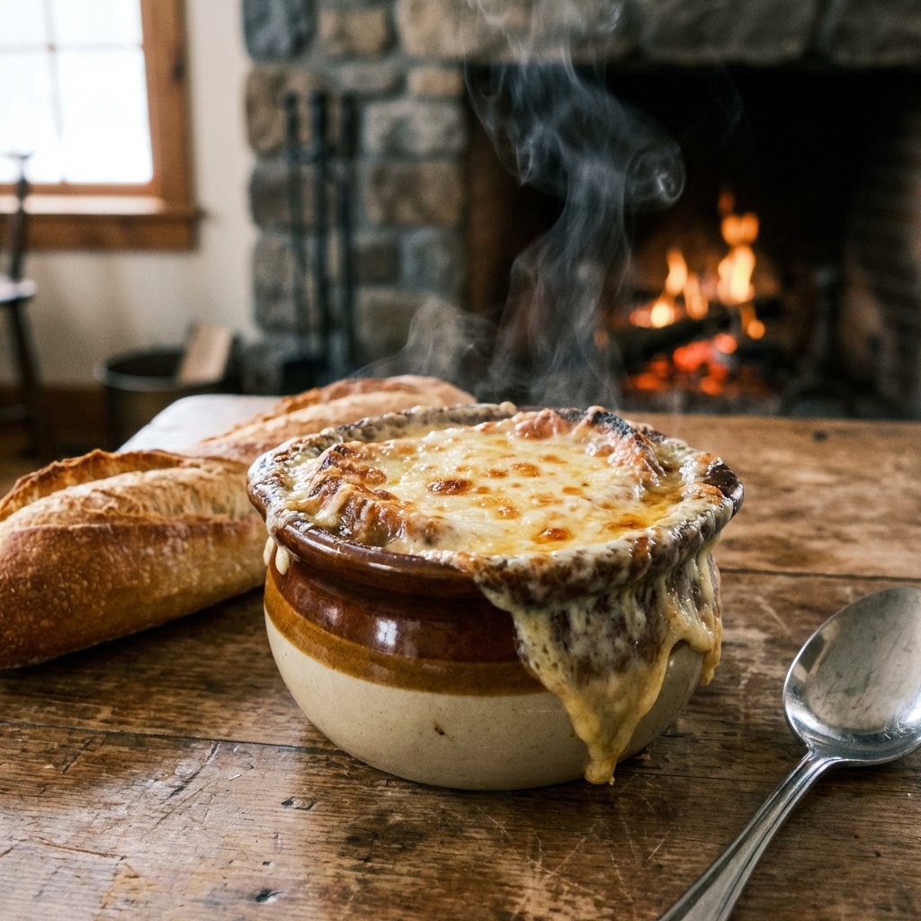 Crock of french onion soup