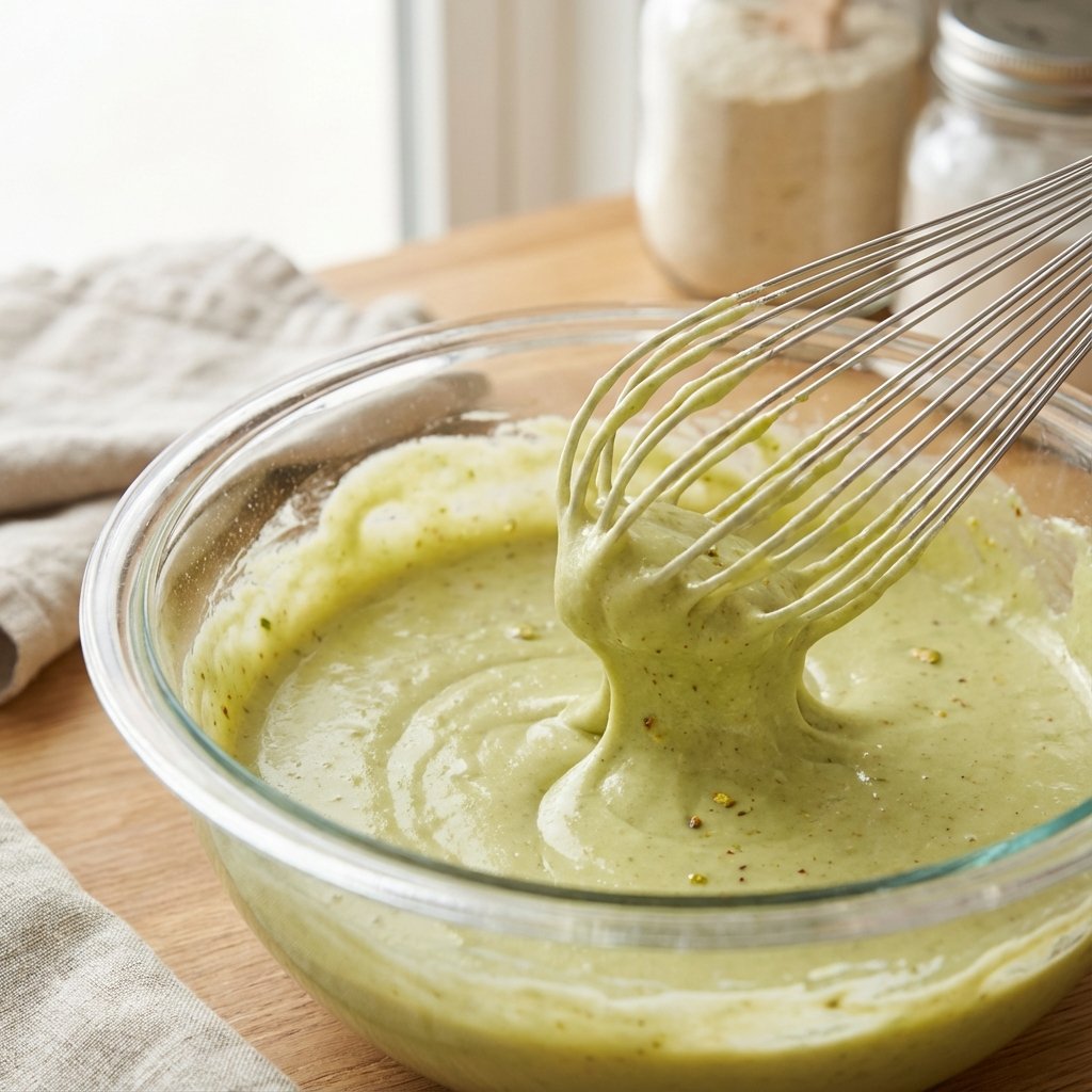 Mixing the green pistachio cake batter