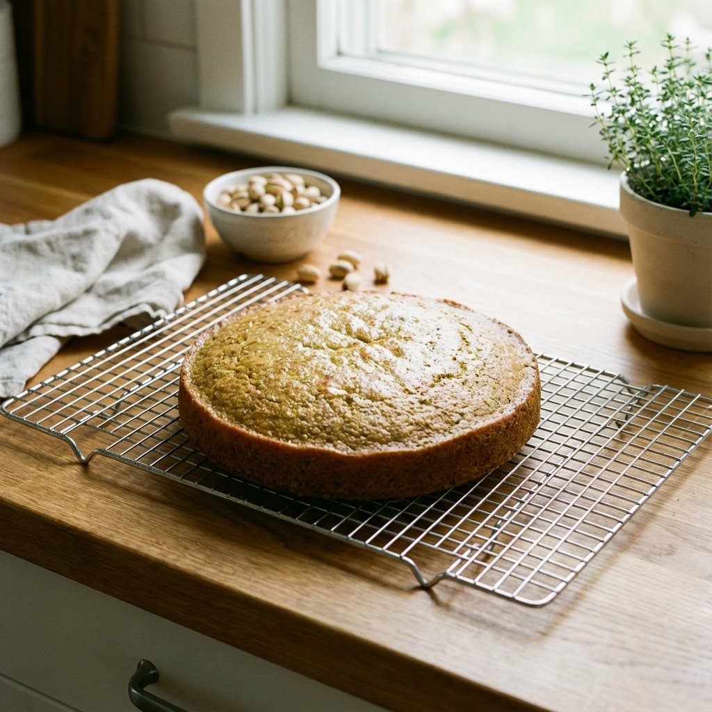 Baked pistachio cake layers cooling