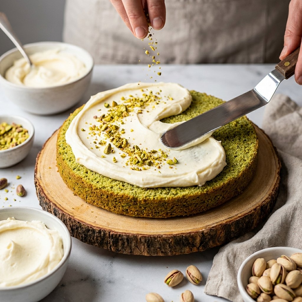Frosting the pistachio cake
