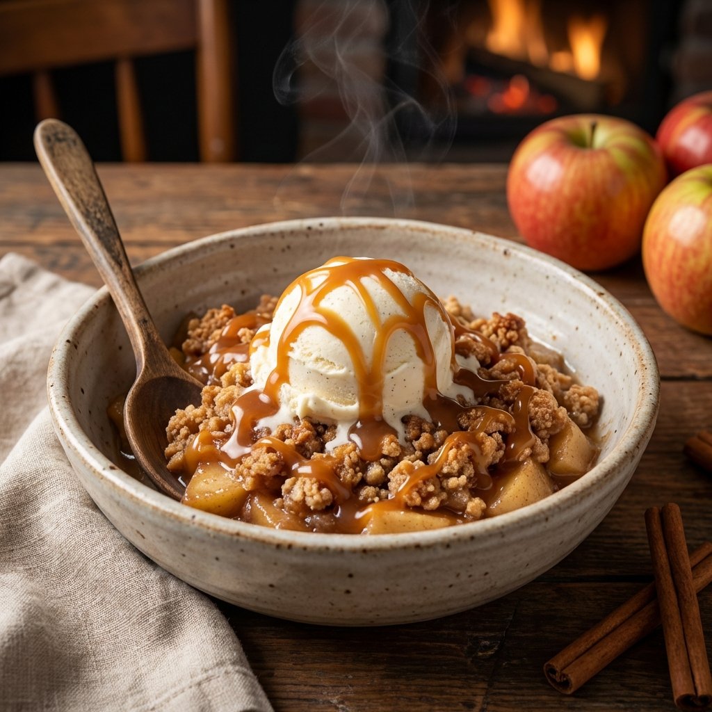 Warm apple crisp with ice cream